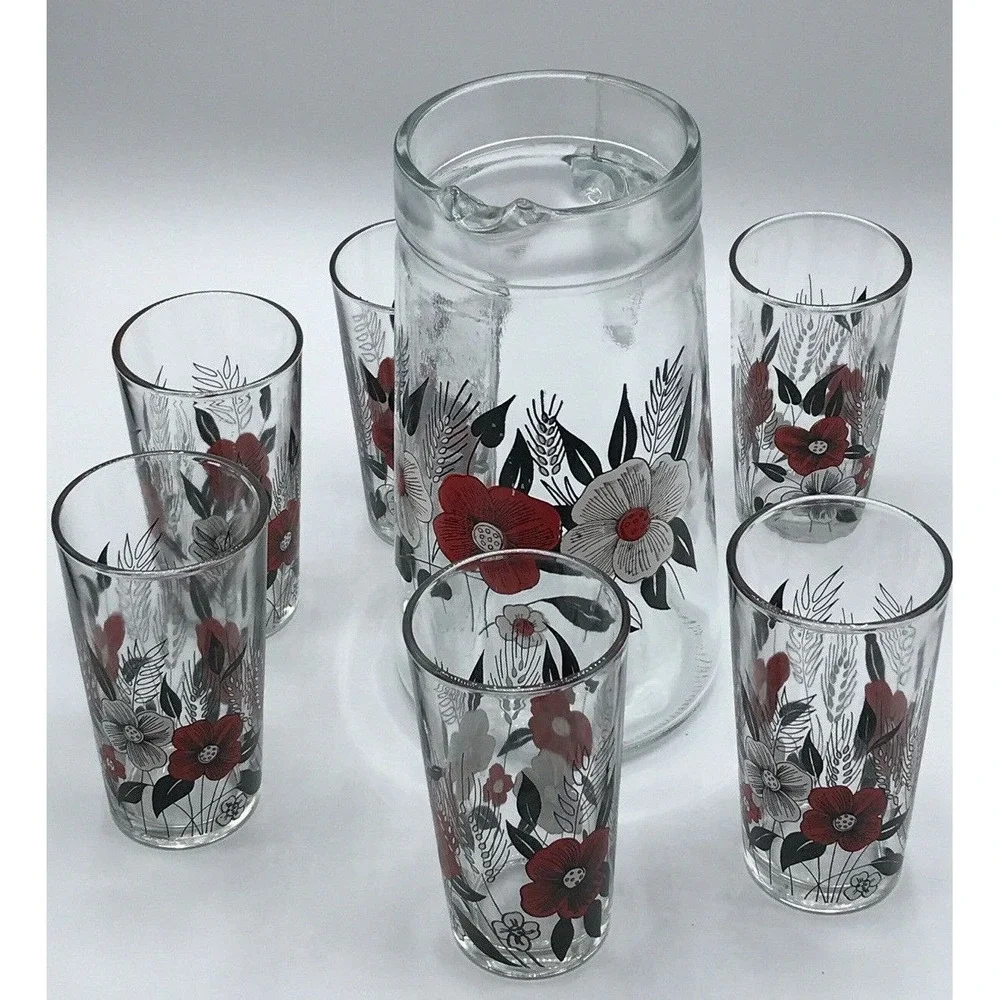 Cerve Glass Juice Pitcher‎ &6 Glasses Black/Red &white  Flowers Made in Italy